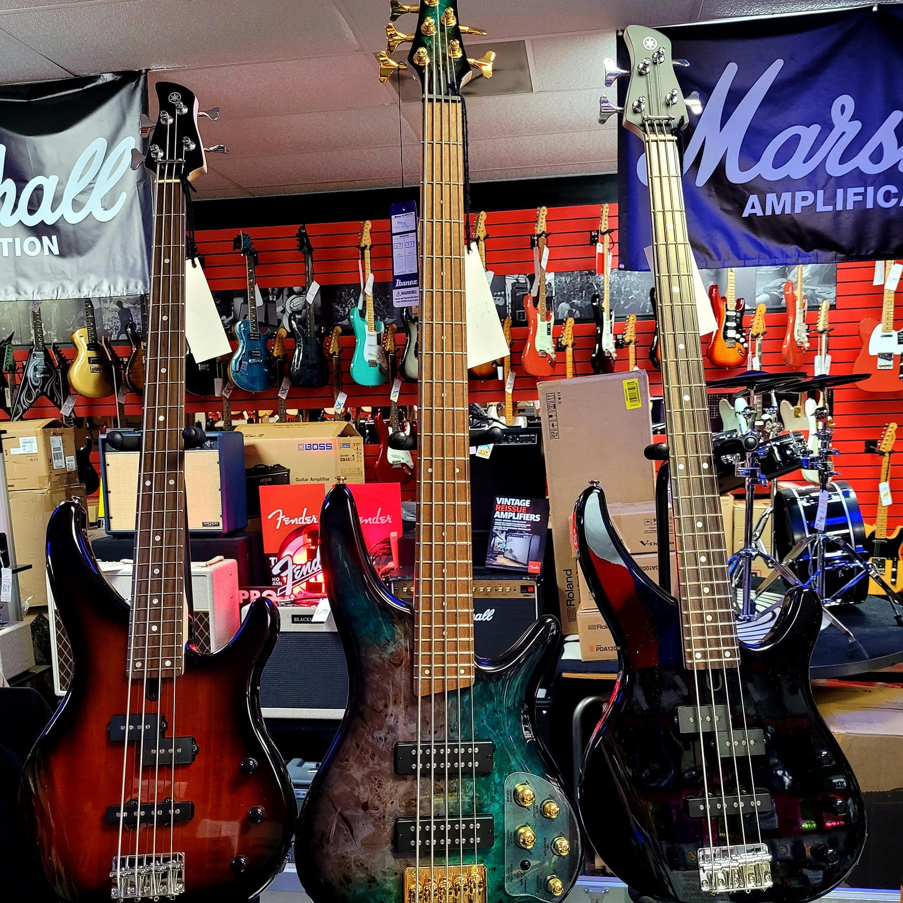 Three electric bass guitars are displayed in a music store. The colorful basses stand out against a backdrop of hanging guitars and amplifiers.